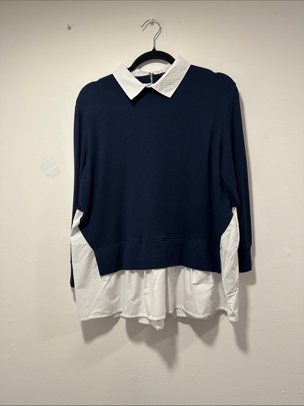 French Connection Navy Top with White Pleated Hem and Collar 104